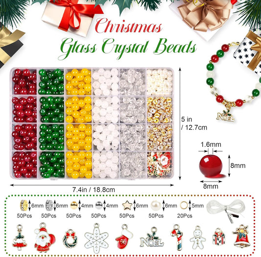 Dayify Christmas Glass Beads for Bracelets Making Kit, 8mm Glass Crystal Beads Christmas Jewelry Making Kit with Charms Pendants, Round Beads & Bead Assortments DIY Crafts