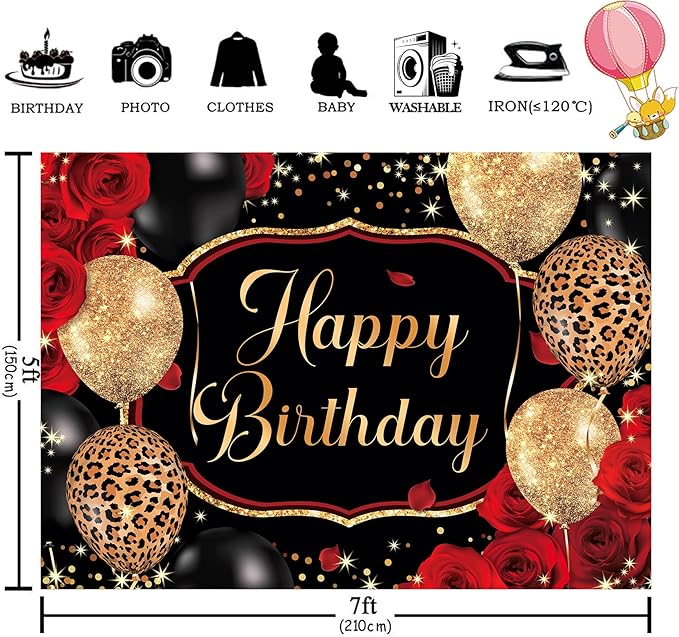 Homewelle Black Gold Happy Birthday Backdrop Polyester Fabric 7Wx5H Feet Red Rose Leopard Balloons Party Banner 30th 40th 50th Event Abstract Celebration Photography Backgrounds Photo Shoot Props