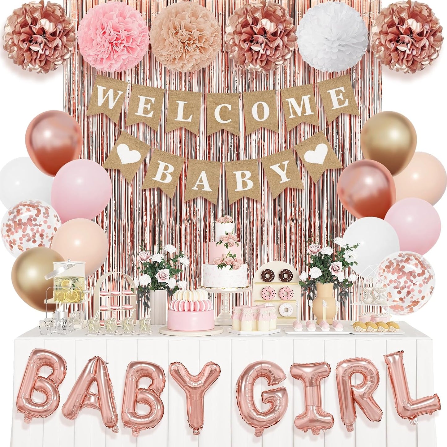 Ouddy Party Rose Gold Baby Shower Decorations for Girl with Welcome Baby Banner Baby Girls Rose Gold Pink Gold White Foil Balloons Fringe Curtains Paper Pom Poms for Baby Shower Reveal Party Supplies