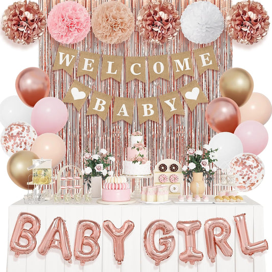 Ouddy Party Rose Gold Baby Shower Decorations for Girl with Welcome Baby Banner Baby Girls Rose Gold Pink Gold White Foil Balloons Fringe Curtains Paper Pom Poms for Baby Shower Reveal Party Supplies