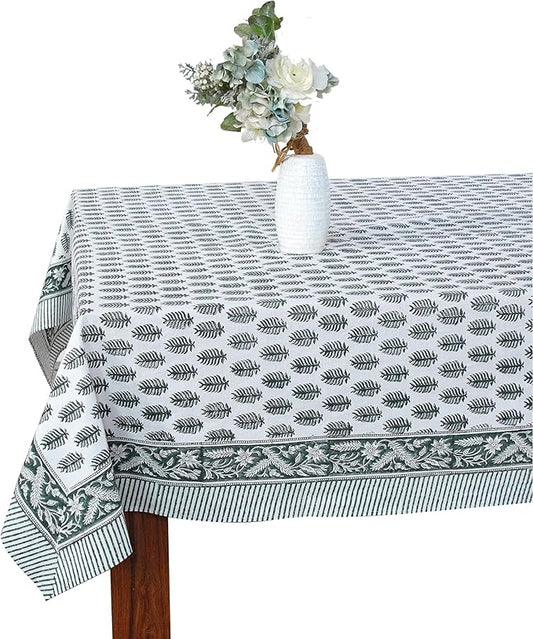 Ridhi Hand Block Print Emerald Green Rectangle Cotton Tablecloth 102" x 48" Reusable Table Cover Decorative Everyday Use for Dining, Farmhouse, Home Gift for Spring, Easter, Valentine