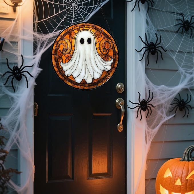 Stained Glass Window Hanging - Halloween Decoration Cute Ghost Suncatcher for Doors Garden Orange Black Spooky Sun Catchers Gothic Decor Horror Gifts for Women Men Friend Boy Girl 11.8 in