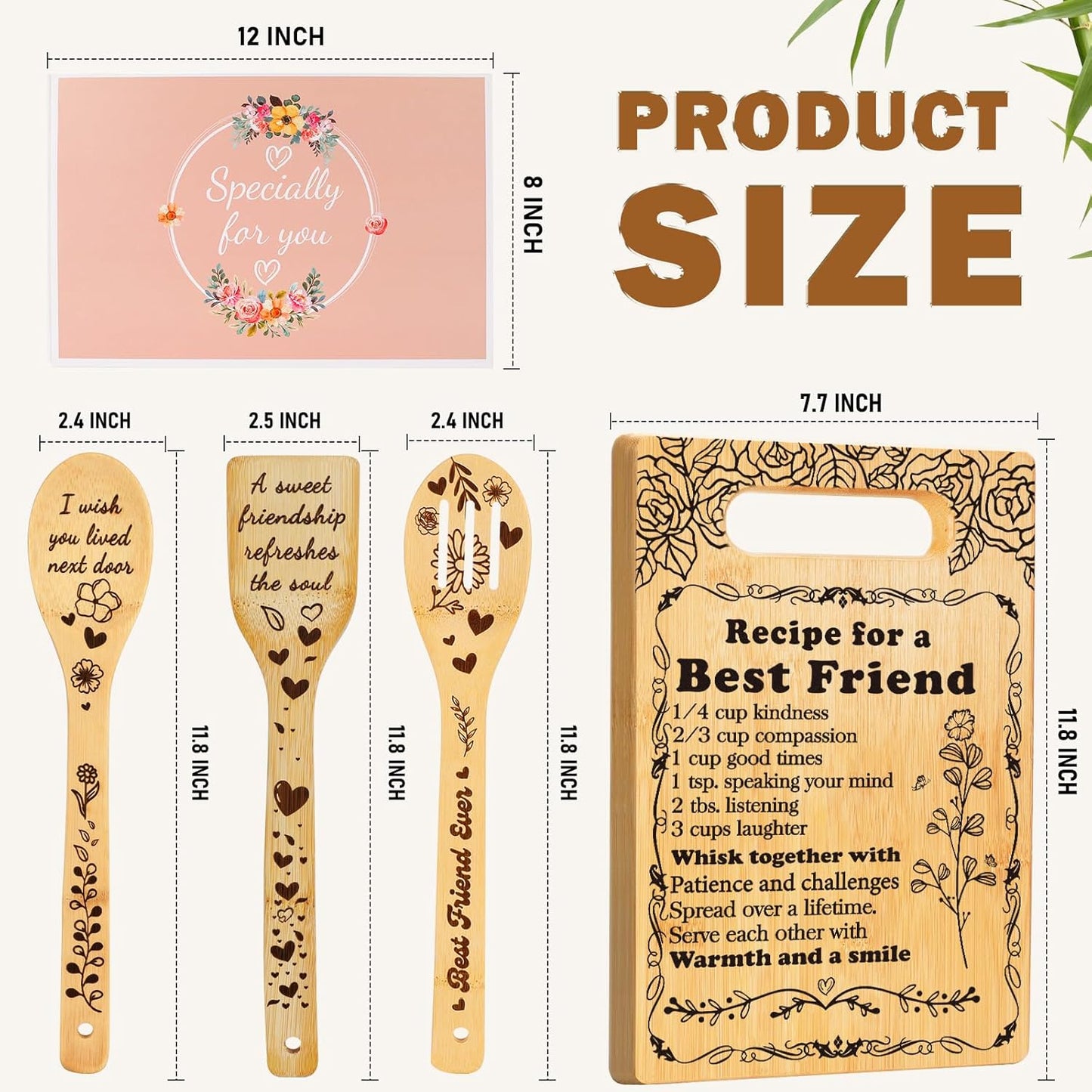 Best Friend Birthday Gifts Cutting Board Set, "Recipe for a Best Friend" Friendship Gifts for Woman Engraved Utensil Friends Gifts for Women Bff Bestie Soul Sister Birthday Mothers Day