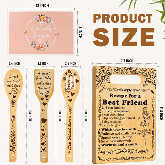 Best Friend Birthday Gifts Cutting Board Set, "Recipe for a Best Friend" Friendship Gifts for Woman Engraved Utensil Friends Gifts for Women Bff Bestie Soul Sister Birthday Mothers Day