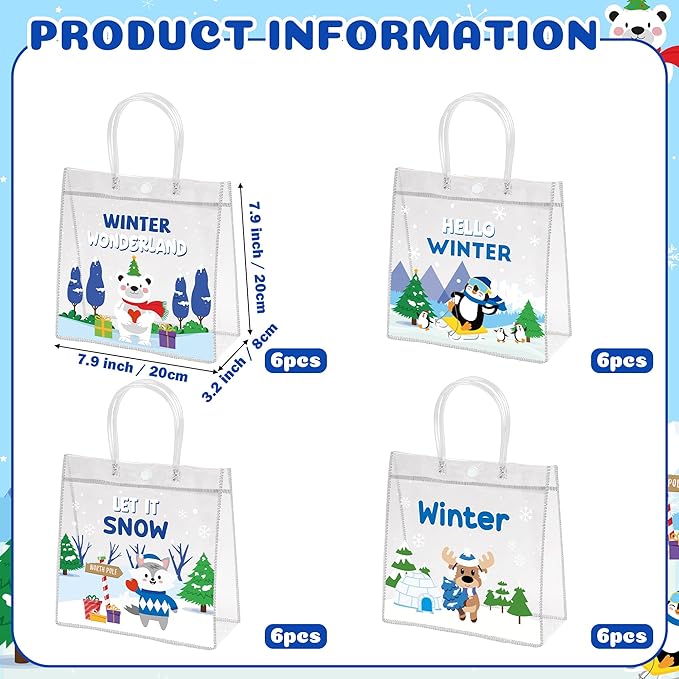 H1vojoxo Polar Animals Gift Bags - 24PCS Winter Polar Animals Clear PVC Gift Bags with Handle Let it Snow Reusable PVC Plastic Transparent Waterproof Tote Bag for Winter Birthday Party Supplies