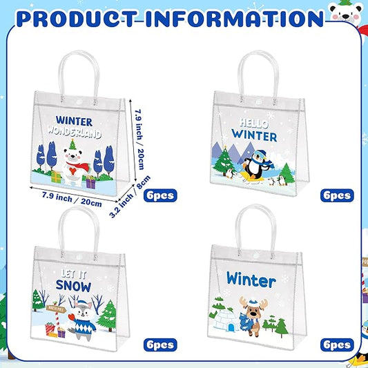 H1vojoxo Polar Animals Gift Bags - 24PCS Winter Polar Animals Clear PVC Gift Bags with Handle Let it Snow Reusable PVC Plastic Transparent Waterproof Tote Bag for Winter Birthday Party Supplies