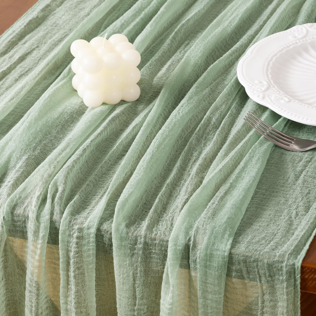 Socomi Sage Green Cheesecloth Table Runner Gauze Fall Thanksgiving 120 Inch Rustic Boho Cheese Cloth Runner for Wedding Party Baby Bridal Shower Centerpiece Decoration Holiday Home Decorations
