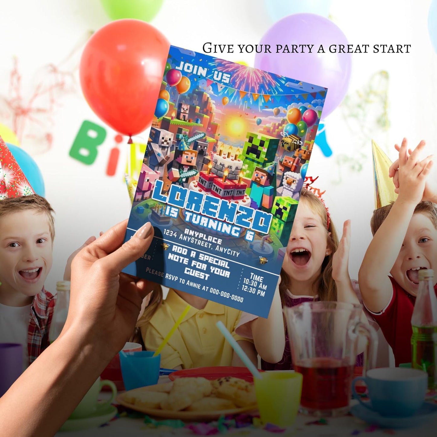 Fully Customizable minecraft Birthday Party Invitations, 4 x 6 inches, with Self-Sealing Envelopes, Gaming Theme Design, minecraft Birthday Invitations for Boys and Girls (Minecraft/Cake)