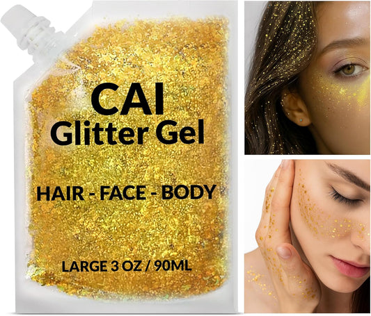 Face, Body & Hair Glitter Gel – Halloween Glitter for Kids and Women – 3 Oz Cosmetic-Grade Gel w/Moon & Stars for Festivals & Halloween Party, Easy Apply & Wash Off - Gold 2Pack
