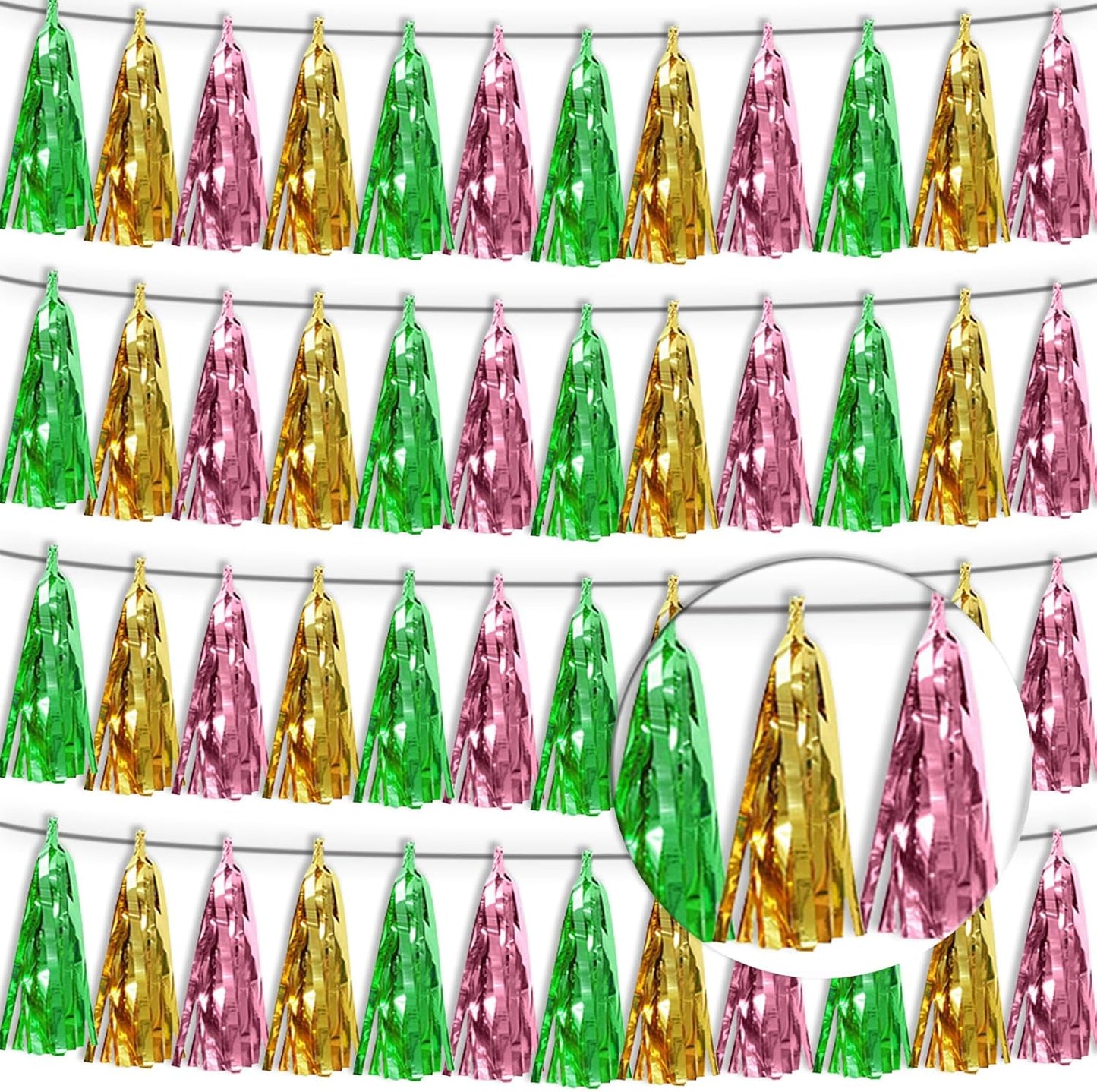 4P Sage-Green Gold Pink Tassel Banner Garland Metallic Foil Fringe Banner Tinsel Tassels Streamer Banner Backdrop for Parade Floats, 2025 Graduation Decorations, Woodland Party Decoration