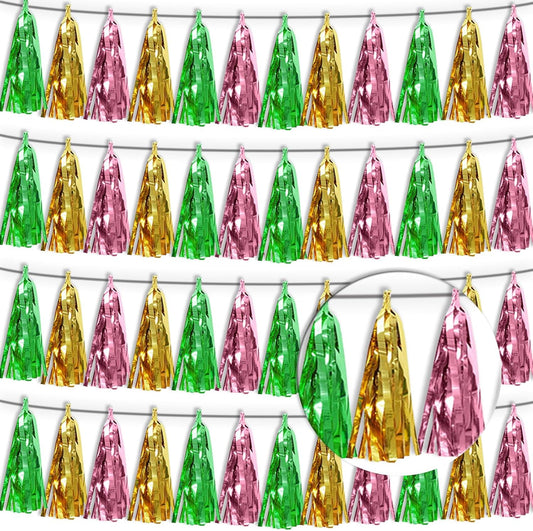 4P Sage-Green Gold Pink Tassel Banner Garland Metallic Foil Fringe Banner Tinsel Tassels Streamer Banner Backdrop for Parade Floats, 2025 Graduation Decorations, Woodland Party Decoration