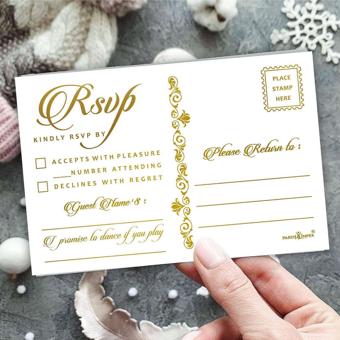 PARTH iMPEX RSVP Postcards for Wedding - Pack of 50 Gold Foil 4x6 Response Cards with Mailing Side White Mailable Invitations for Bridal Shower Reception Engagement Party Anniversary Event Stationery
