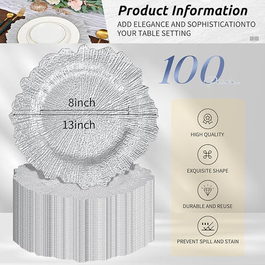 Pesonlook 100Pcs Silver Charger Plates Round 13inch, Reef Plate Chargers for Dinner, Bulk Plastic Floral Table Charger Plates for Dinner Wedding Party Event Table Setting Decoration(Silver)