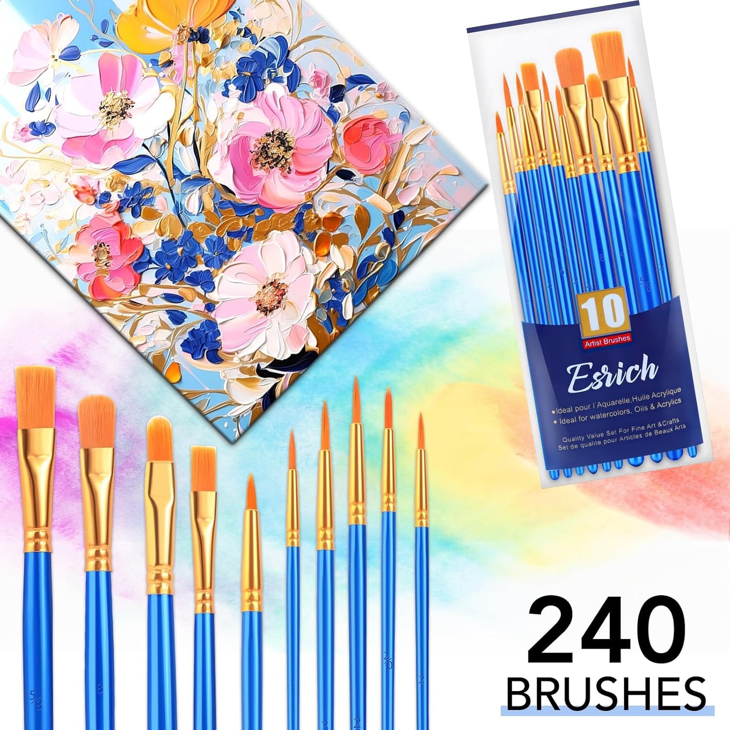 ESRICH Watercolor Brush Set, 24 Packs / 240 Pcs Acrylic Brushes,Nylon Brush Head, for Oil Painting, Gouache, Face,Ceramics etc, Kid's and Adults Painting Arts and Crafts Sets.(Blue)