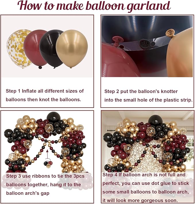 Burgundy and Gold Balloon Arch Kit, 162pcs Different Sizes with Burgundy Black Chrome Gold Confetti Balloons for Graduation Ceremony Prom Anniversary Wine Birthday Party Decorations