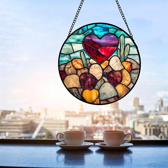 Stained Glass Window Hanging Red Heart-Shaped Stone 9.8" - Suncatcher Door Garden Sun Catcher Home Decor Birthday Anniversary Valentines Day Gifts for Woman Wife Men Her Him Lovers