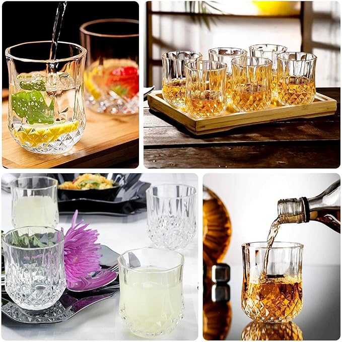 Efavormart 6 Pack Clear Crystal Cut Plastic Stemless Wine Glasses, 8oz Shatterproof Reusable All-Purpose Whiskey Cups