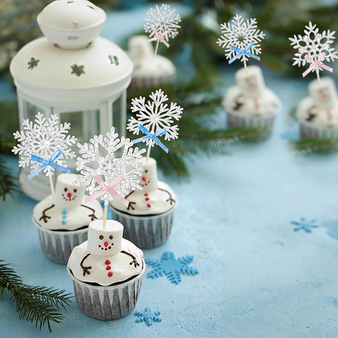 24Pcs Snowflake Cupcake Toppers Silver Glitter Pink Blue Bow Snowflake Gender Reveal Cake Toppers Decorations for Baby Shower Winter Wonderland Christmas Party Supplies