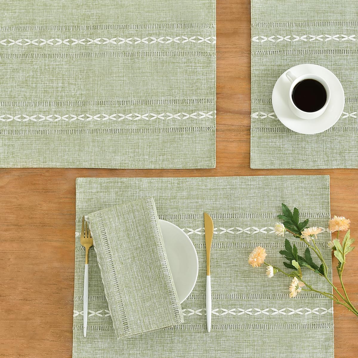 Wracra Cotton Linen Placemats, 14 x 19 Inch Set of 8 Placemats Rustic Hemstitch Place Mats for Kitchen Table and Heat Resistant-Hemstitch Sage Green