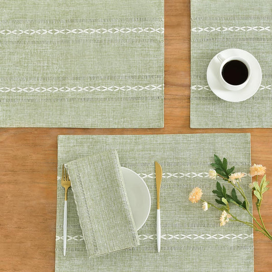 Wracra Cotton Linen Placemats, 14 x 19 Inch Set of 8 Placemats Rustic Hemstitch Place Mats for Kitchen Table and Heat Resistant-Hemstitch Sage Green
