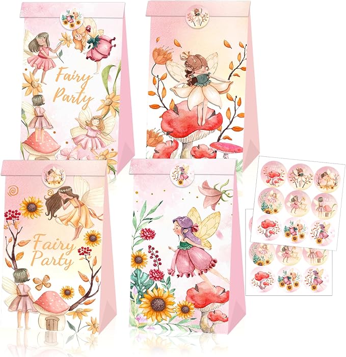 12 Pcs Fairy Party Favor Sunflower Gift Bags with Stickers Spring Floral Welcome Flower Party Favors Butterfly Paper Candy Goodie Treat Bags for Garden Decor Bday Bridal Baby Shower Wedding Supplies