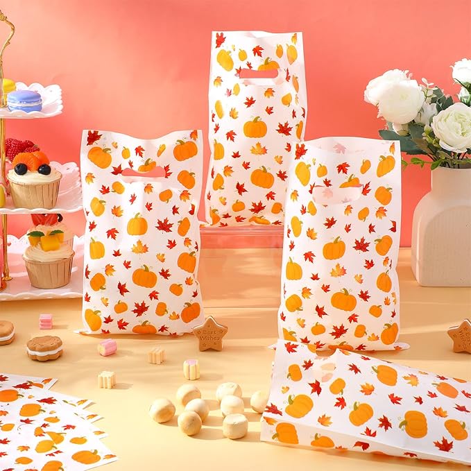 Supervitae 100 Pcs Fall Plastic Gift Bags Thanksgiving Party Favor Bags Bulk Pumpkin Maple Leaves Goodie with Handle for Autumn Party Supplies