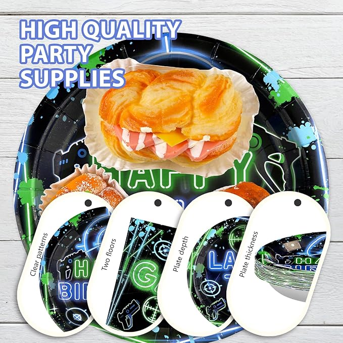 96PCS Laser Tag Birthday Party Decorations Laser Tag Party Plates Disposable Green Blue Laser Party Tableware Set for Kids Boys Girls Neon Glow Laser Tag Game Birthday Decorations, Serves 2