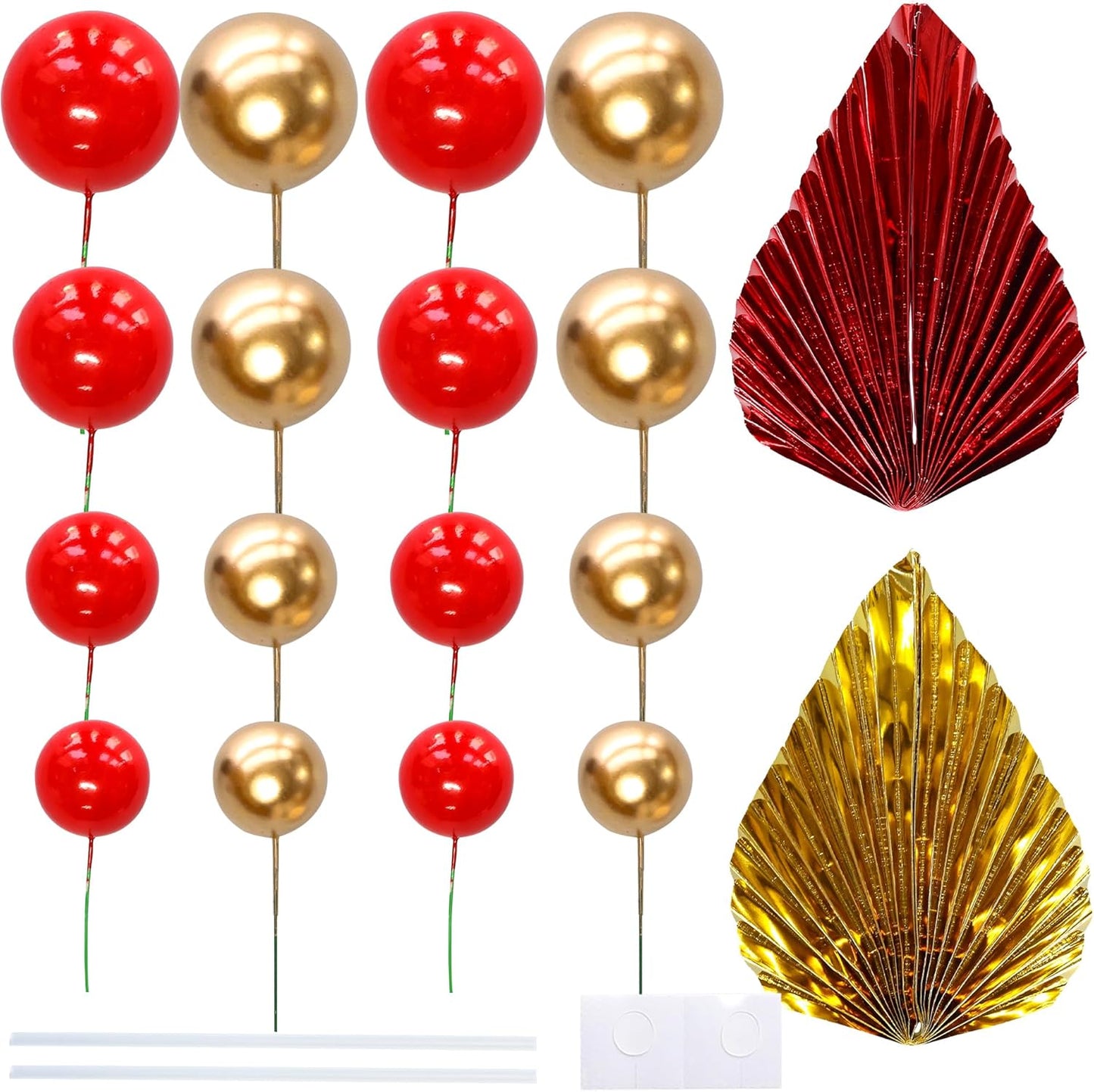 Ephlyn 28Pcs Paper Palm Fan Cake Topper Balls Cake Pick for Baby Shower Wedding Bridal Shower Birthday Party Cake Decorations Supplies Gold Red