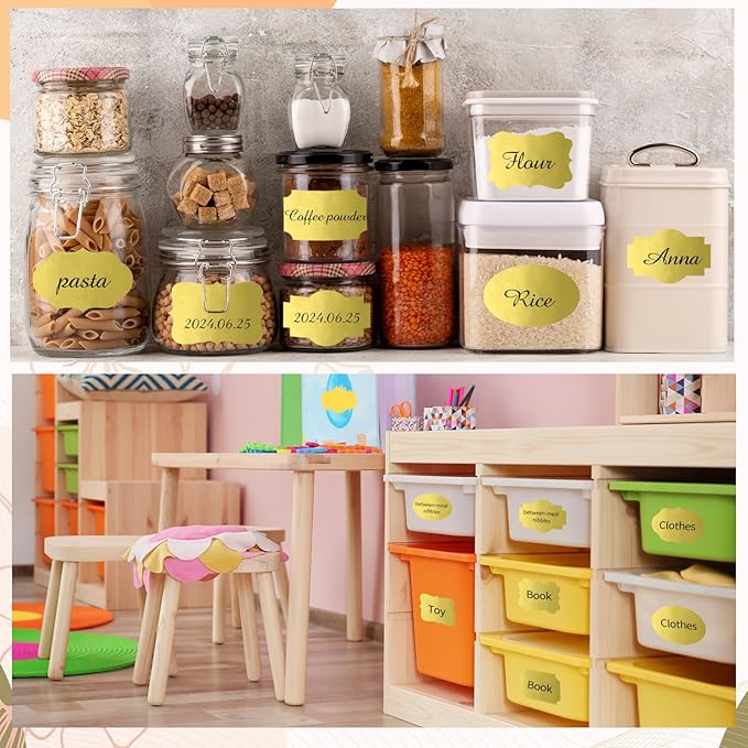 Yeachlaing Gold Labels - 250 PCS 3" x 2" Fancy Shape Stickers for Storage Box or Food Jars