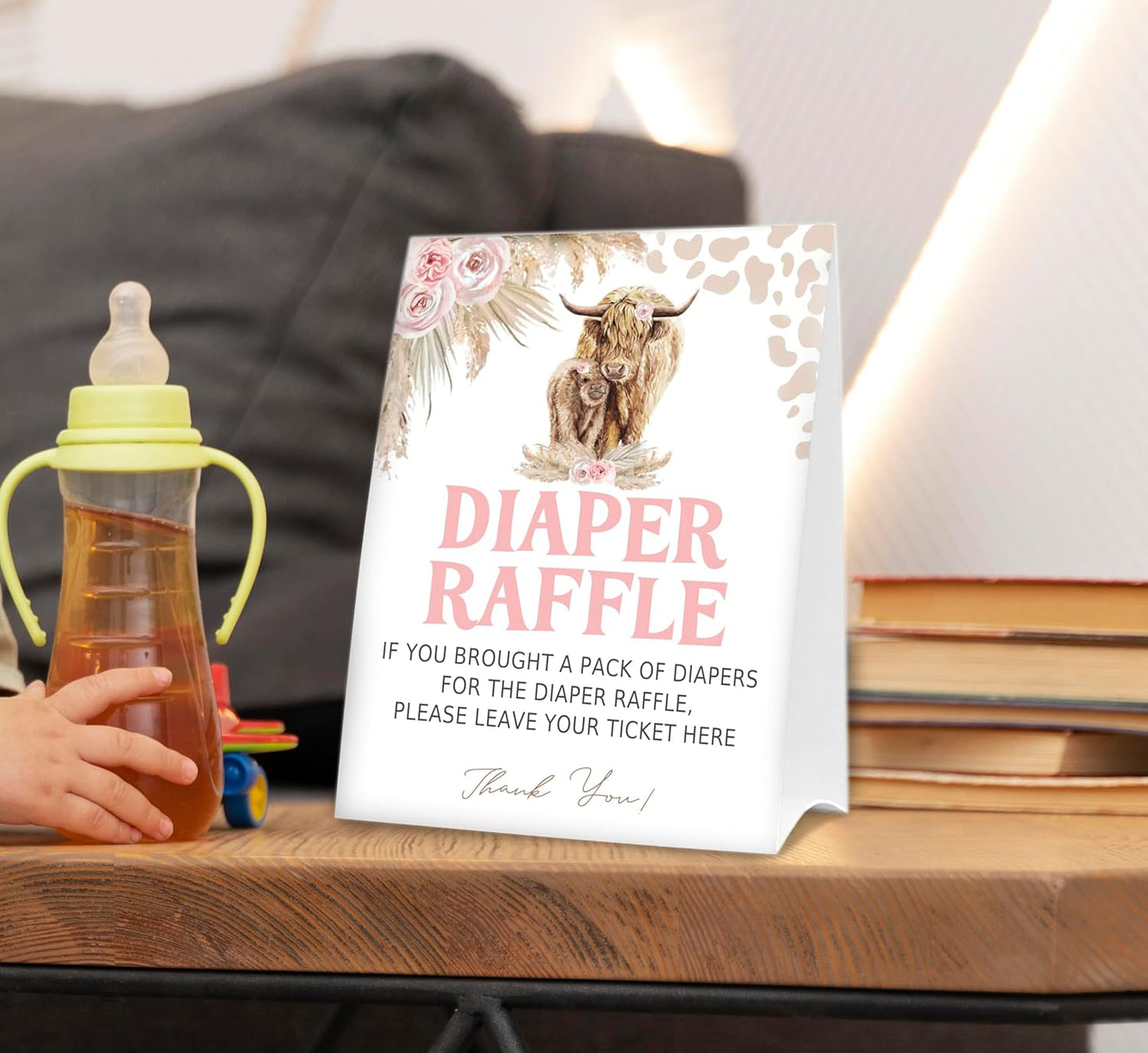 Diaper Raffle Tickets for Baby Shower Game, 1 Standing Sign & 50 Guessing Cards for Baby Shower Party Decoration, Holy Cow, Boho Pink Highland Cow