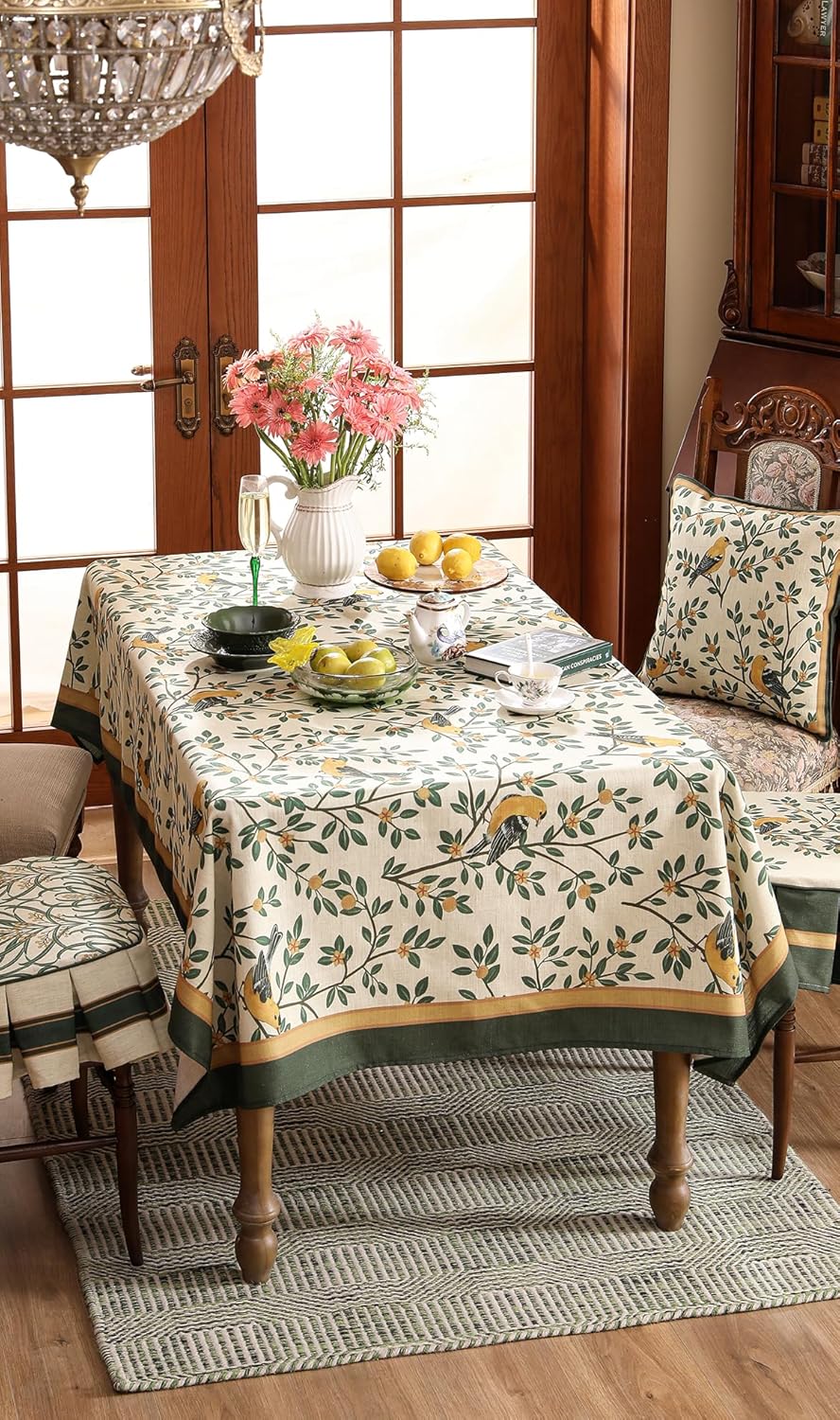 patdrea Designer Vintage French Small Rectangle Table Cloth,Green Linen Yellow Birds and Leaves Pattern Tablecloth,Decor Table Cover Kitchen Dining Christmas,Banquet,Thanksgiving,55"x71"-Warbler