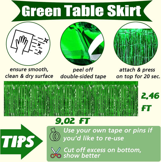 6 Pack 29x108 Inch Green Metallic Foil Fringe Table Skirts Banner for Tinsel Streamer Garland Curtains Backdrop for Parade Floats Wedding Baby Shower Birthday Christmas Halloween Party Decoration