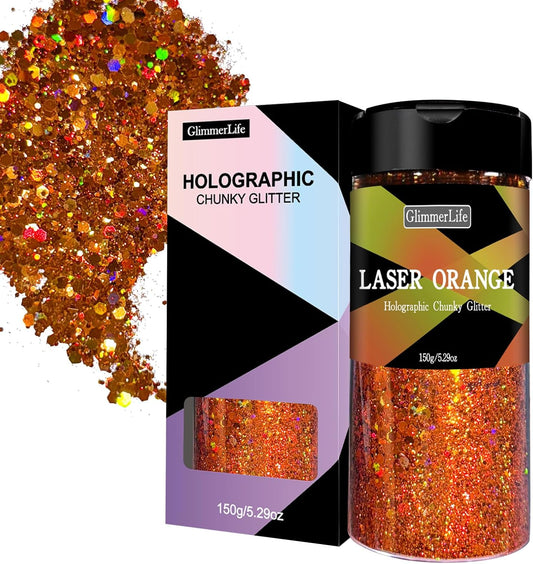 GlimmerLife Chunky Glitter 150G/5.29OZ Glitter, Holographic Craft Glitter for Resin, Mixed Chunky Fine Glitter for Nail, Face, Eye, Hair, Sequin Flake Bulk for Halloween Decorations