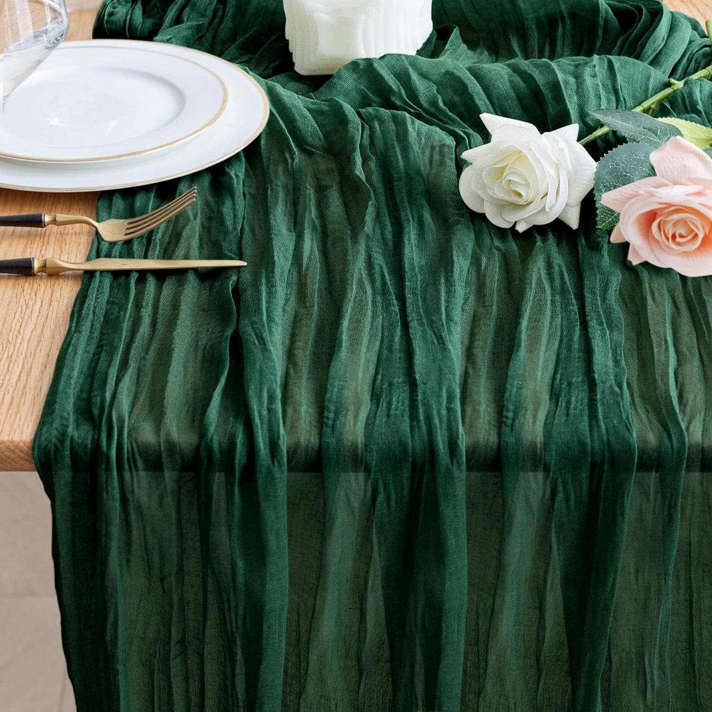 Wokceer Cheesecloth Table Runner Emerald Green 10FT Boho Gauze Christmas Cheese Cloth Table Runner for Party Long Rustic Sheer Table Runners for Baby Bridal Shower Wedding Easter Table Decor