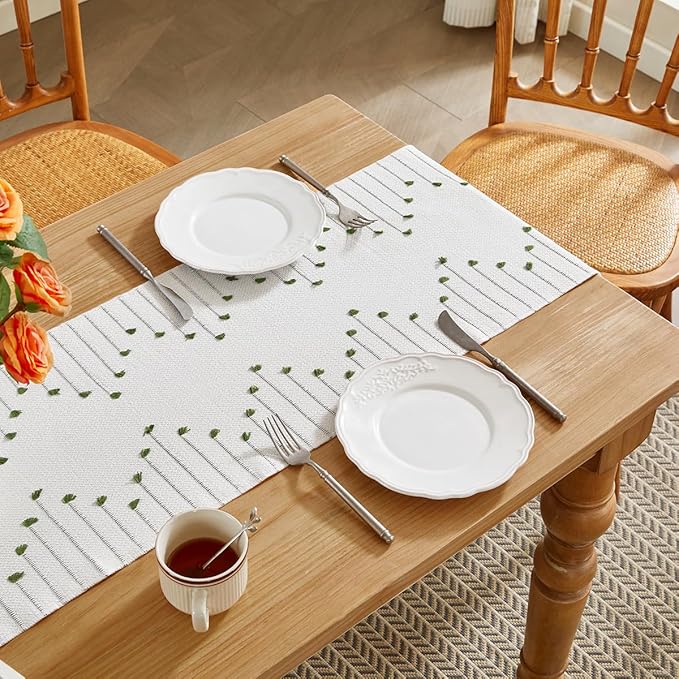 Wracra Boho Table Runner, Natural Cotton Woven Macrame Table Runners 90 Inches Long for Modern Farmhouse Woven Home Decor, 14x90 Inch, Green