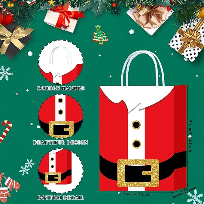 HongXingHai 8Pcs Fine Christmas Kraft Paper Gift Bags With Handles - Holiday Prints for Xmas Goody Bags Party Favors