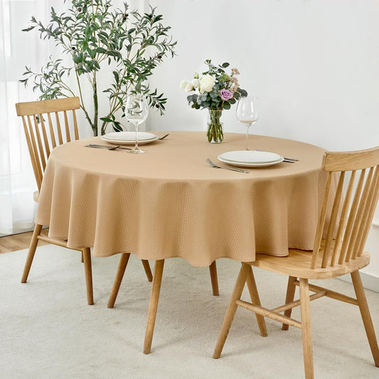 maxmill Round Weaved Texture Design Tablecloth Spill-Proof Wrinkle Free Soft Washable Table Cloth for Circular Table Cover, for Dining Room Buffet Banquet Parties Holiday Dinner, 90 Inch Beige