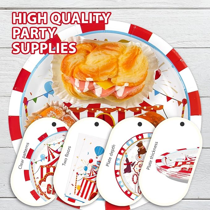 Grencian 200Pcs Carnival Party Decorations Carnival Circus Plates and Napkins Disposable Circus Theme Paper Tableware Set for Birthday Baby Shower Fiesta Party Supplies, Serves 50