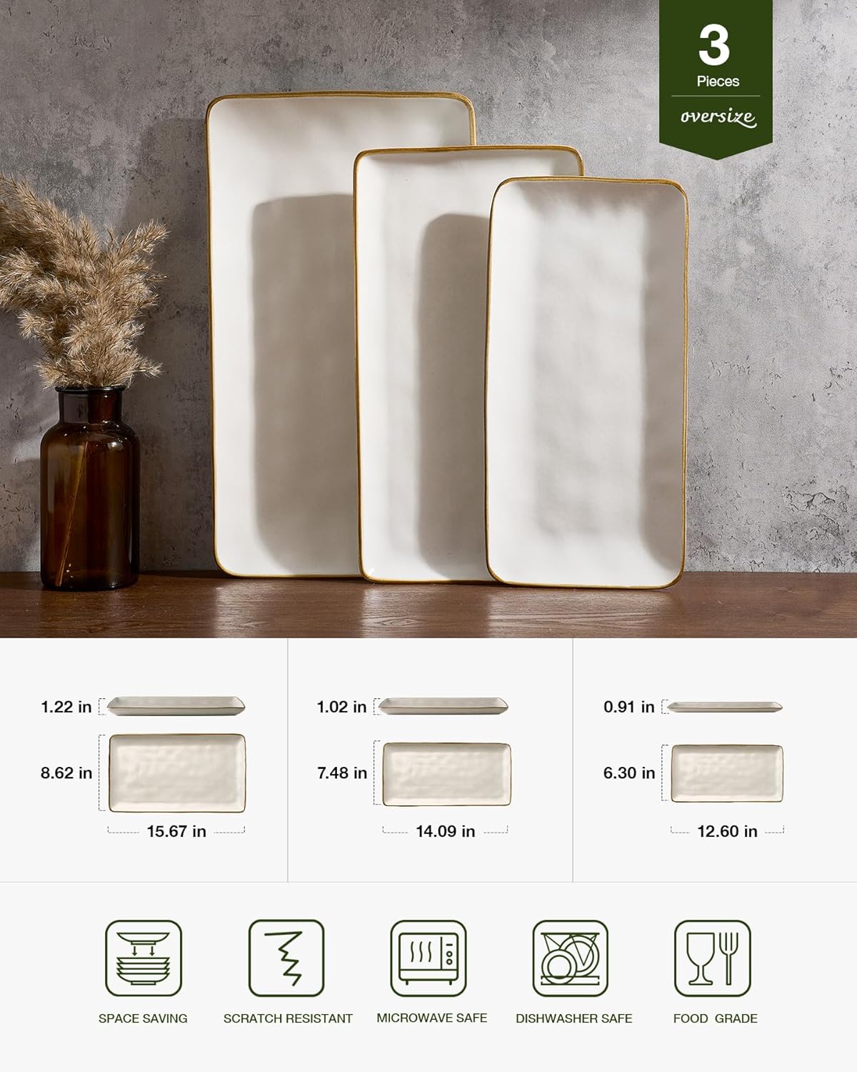 famiware Serving Platter, Rectangular 15.67/14.1/12.6inch Serving Dishes for Entertaining, Dishwasher Safe, Stoneware Serving Trays for Party, Food, Turkey, Snack, Cheese, Reactive Glaze, Matte White