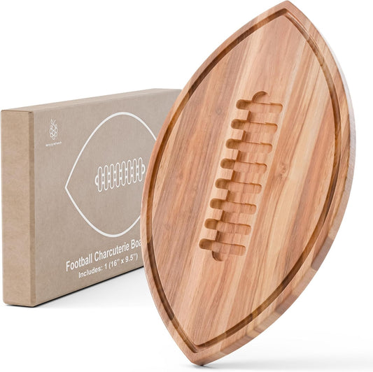 New – Football Shaped Cutting Board – Acacia Wood Charcuterie Tray – Wooden Football Serving Platter for Super Bowl Parties, Tailgate Hosting & Gifts