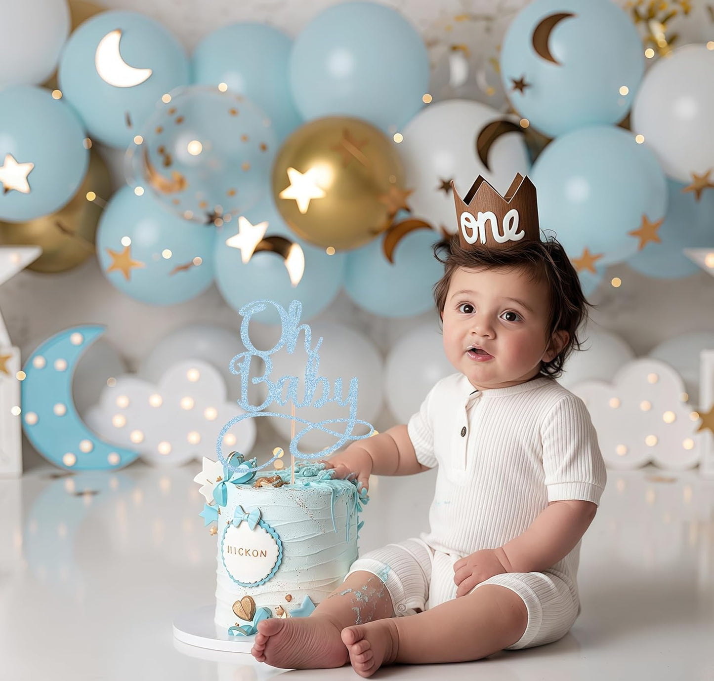 Oh Baby Cake Topper - Light Blue Glitter Baby Birthday Party Cake Decoration Supplies, for Baby Shower/Gender Reveal Party Photo Booth Props