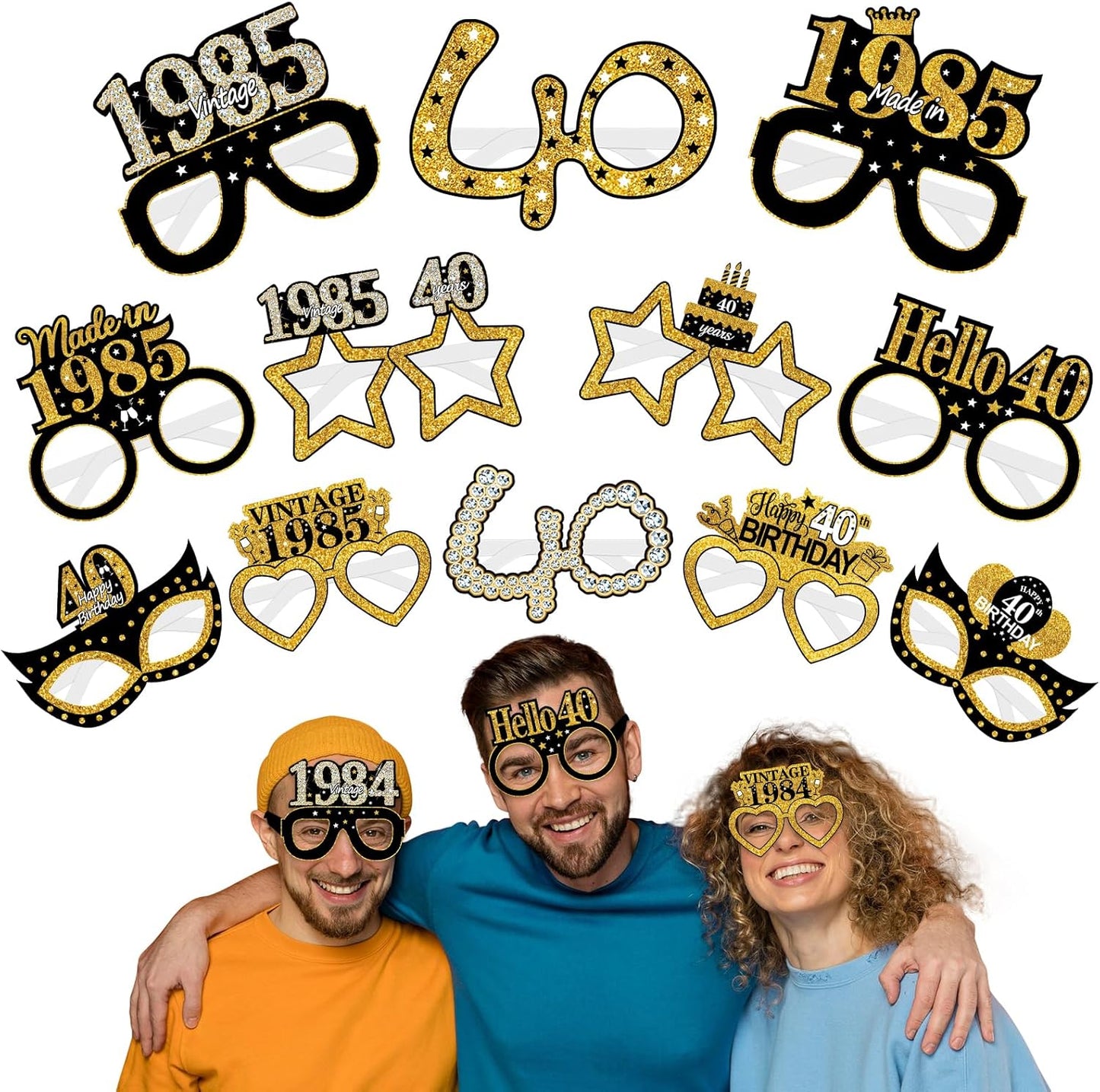 24Pcs 1985 40th Birthday Paper Glasses Decorations for Men Women - Black Gold Happy 40th Birthday Paper Eyeglasses Photo Props, Vintage 1985 Forty Years Old Birthday Party Supplies