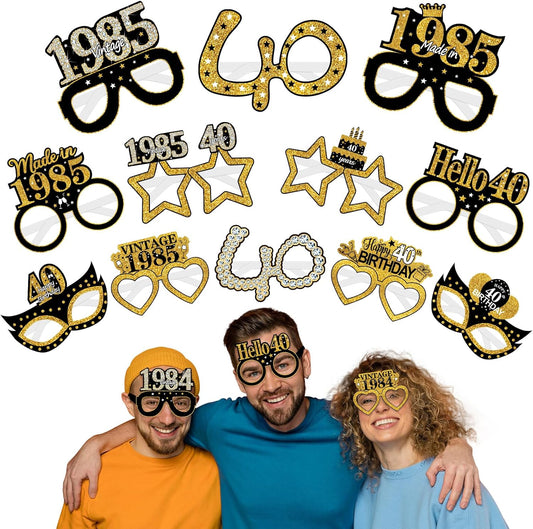 24Pcs 1985 40th Birthday Paper Glasses Decorations for Men Women - Black Gold Happy 40th Birthday Paper Eyeglasses Photo Props, Vintage 1985 Forty Years Old Birthday Party Supplies