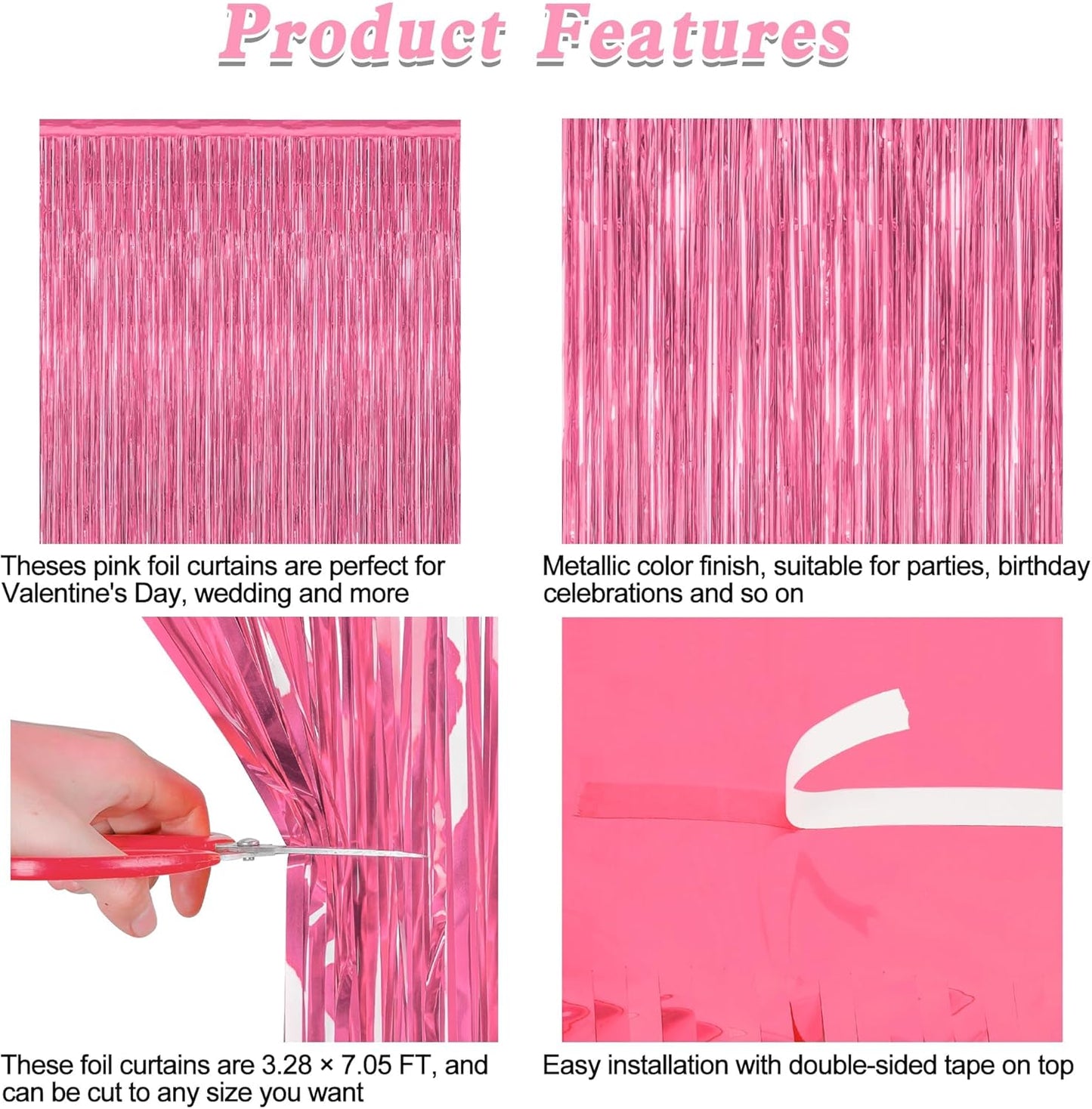 2 Pack Pink Party Decorations, 3.28 FT x 7.05 FT Pink Backdrop, Metallic Tinsel Backdrop Fringe Curtains Backdrop Curtains, Photo Backdrop Party Supplies Birthday Party Decorations
