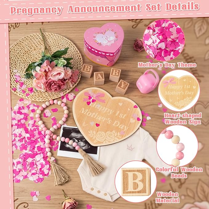 Mother's Day Pregnancy Announcement Set - 8Pcs Coming Soon Baby Announcements Ideas Include Wooden Sign Flower Beads Garland New Mom Pregnancy Reveal Photo Props for Grandparents Dad Husband Family
