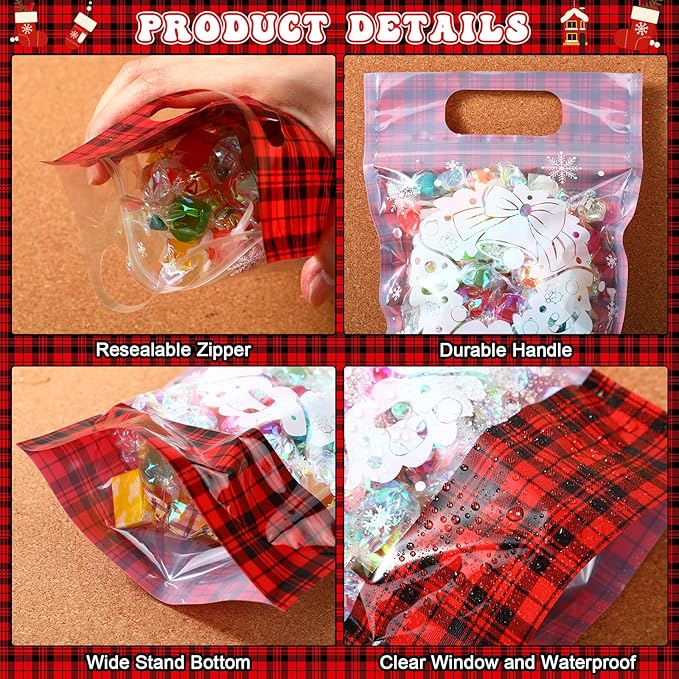 Blosssound 50 Pcs Christmas Party Gift Bags Red Black Plaid Plastic Bags Xmas Buffalo Favor with Handle for Christmas Holiday Party Candy Guests Gift Wrapping Supplies Decor (Buffalo Plaid)