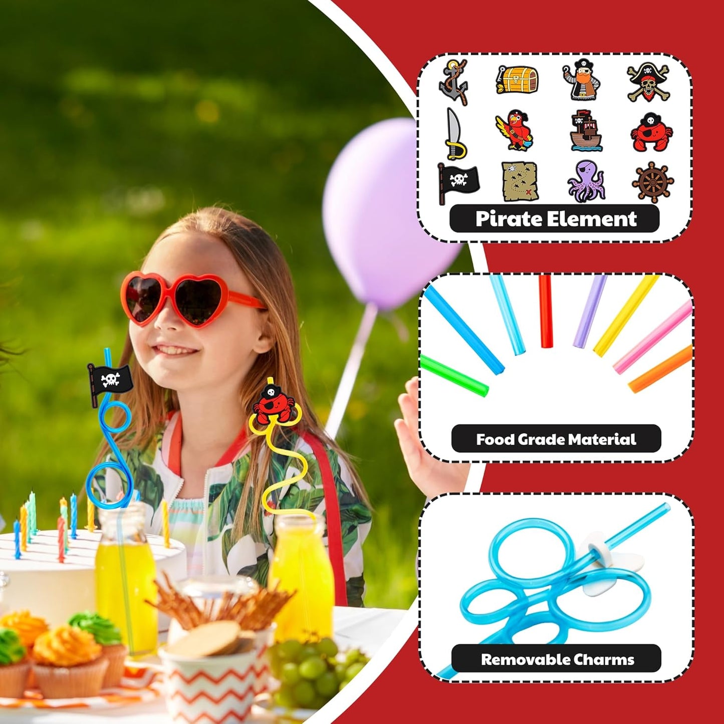24 PCS Pirate Drinking Crazy Straws for Kids | Pirate Themed Birthday Party Supplies Favors Decorations with 24 PVC Charm, 2 Cleaning Brushes Reusable Straw