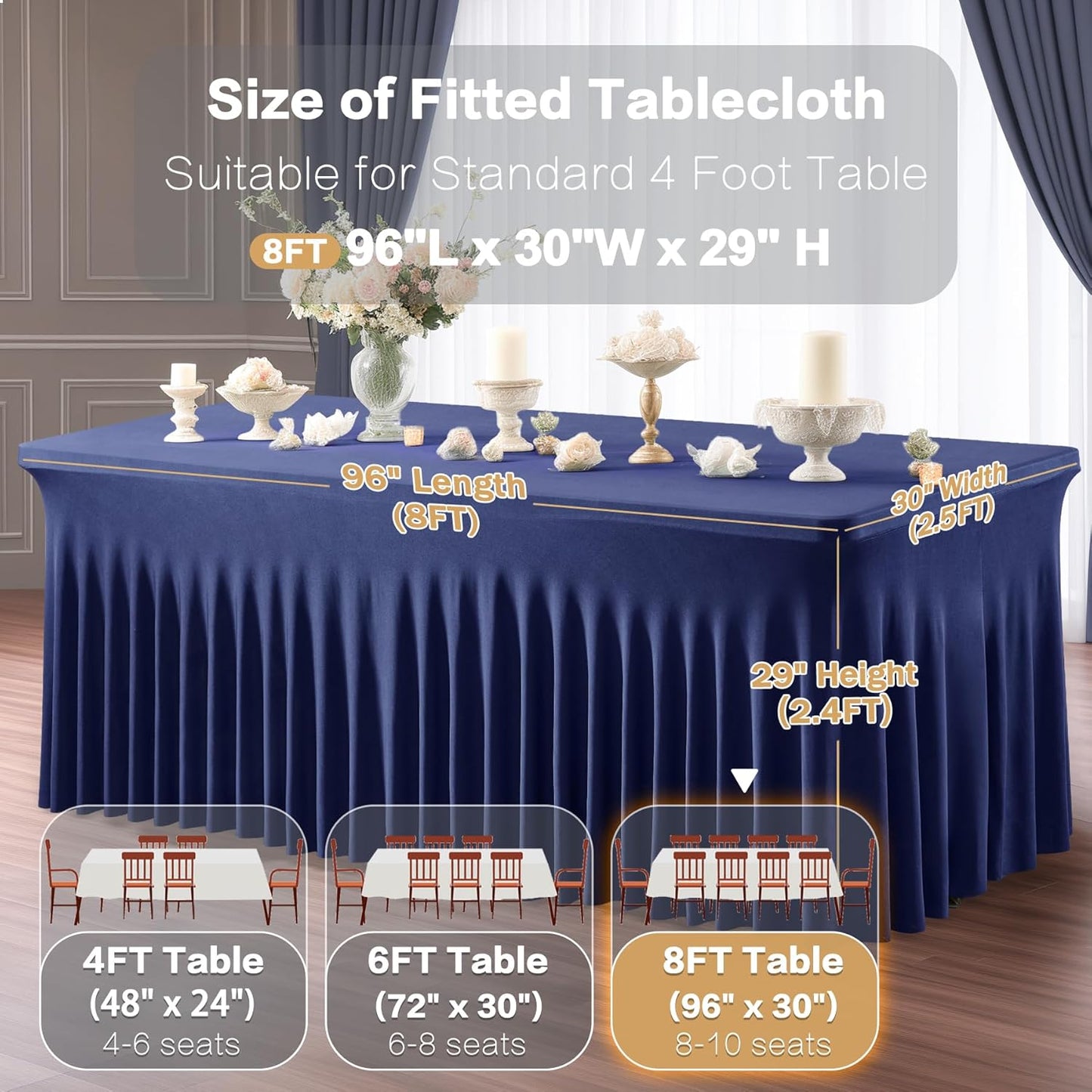 6 Packs Navy Blue Spandex Tableclothes for 8 Foot Rectangle Table, Spandex Table Covers 8FT Stretch Table Skirts Wrinkle Free Fitted Tablecover for Event, Wedding, Banquet & Parties