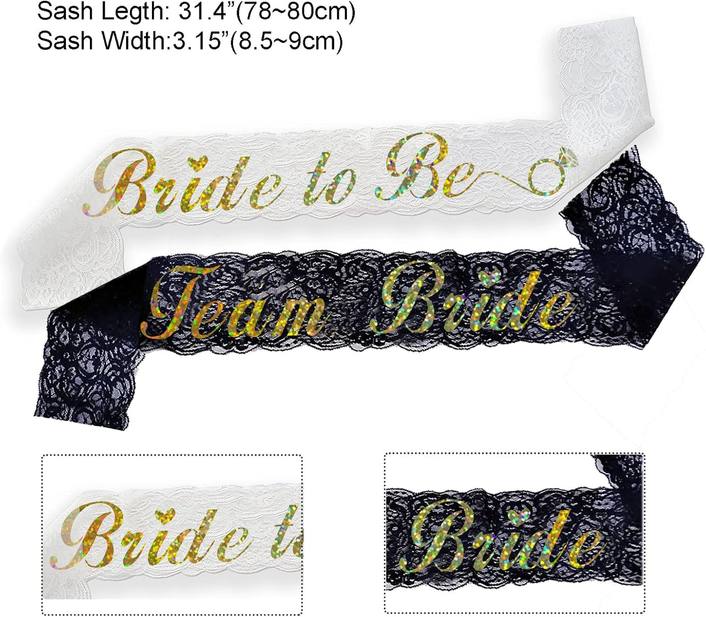 Team Bride Sash Set- 1 White Lace Bride to Be Sash and 6 Team Bride Sashes for Bachelorette Party Supplies