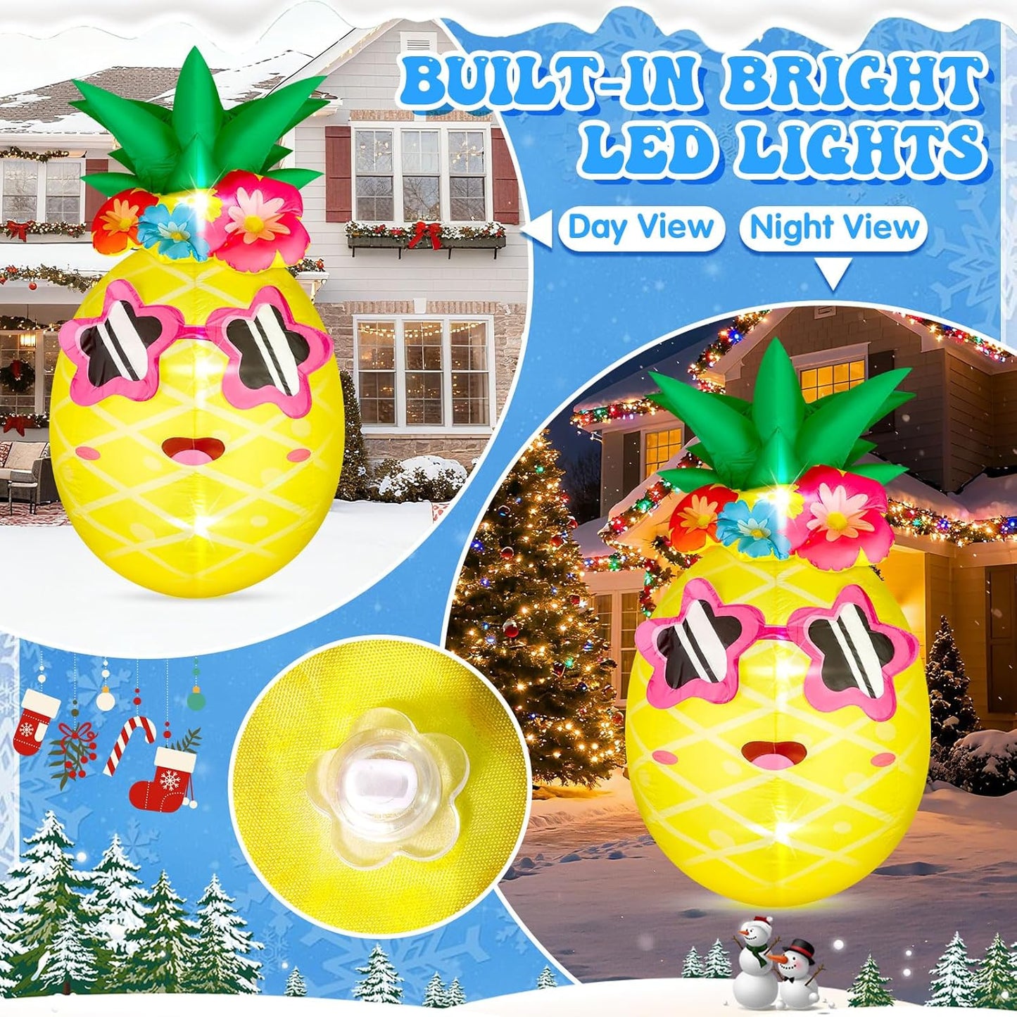 5FT Pineapple Inflatable Winter Decor Blow up Pineapple with 4 LED Lights Christmas Inflatables Outdoor Decorations Giant Inflatable for Xmas Birthday Pool Beach Yard Lawn Party Supplies